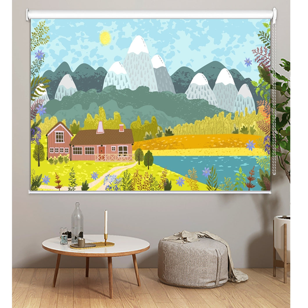 Snow Mountain House Scenic Painting Window Roller Shade