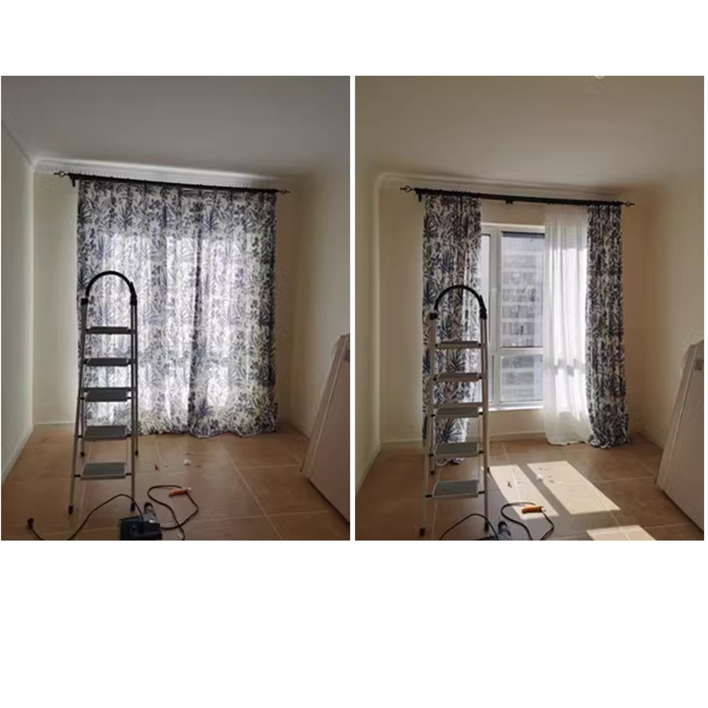 Indigo Floral Foliage Print Window Curtains Drapery