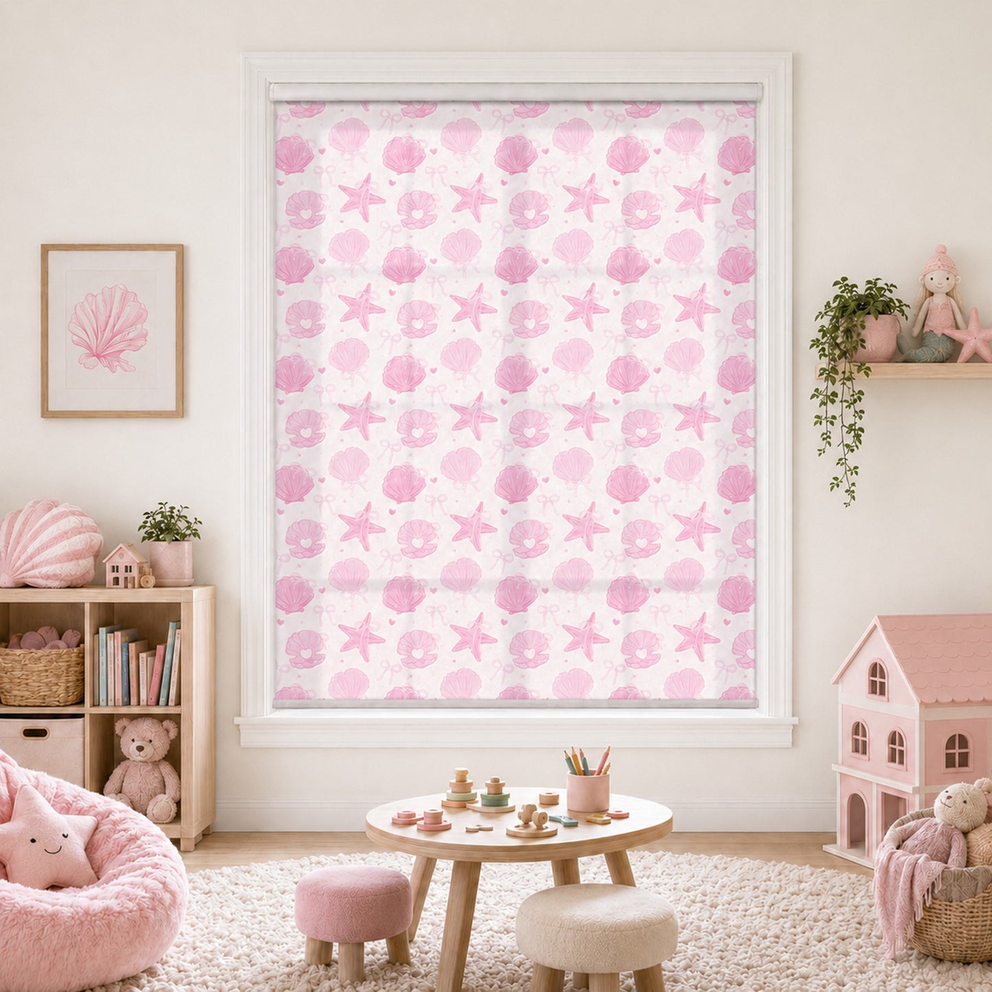 Pink Seashell Coastal Pattern Window Roller Shade