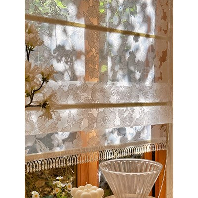Sheer Vintage Floral Roman Shade with Fringe Trim – See Through Window Blind