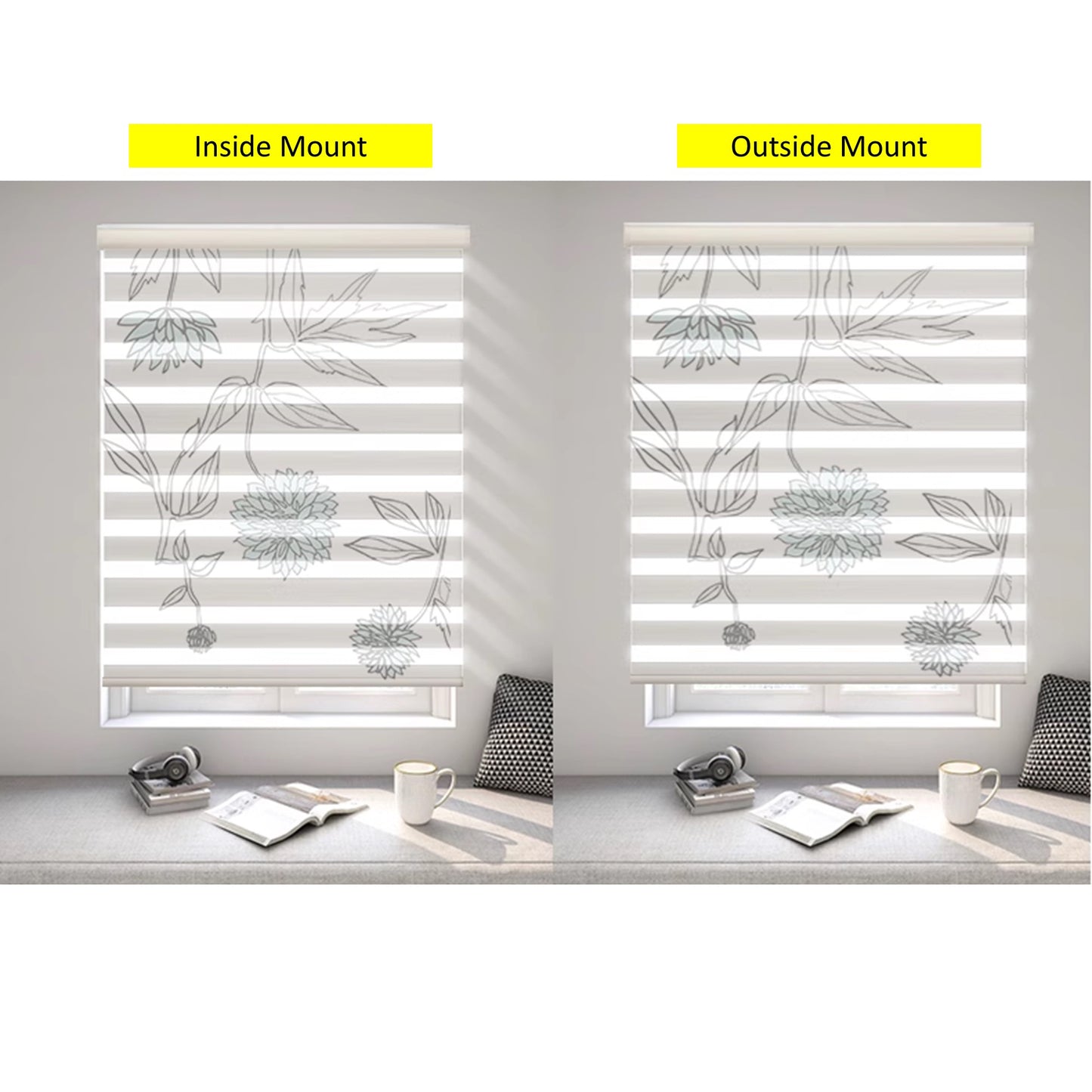 Mid Century Modern Boho Mountain Sunlit Window Zebra Roller Shades with Valance