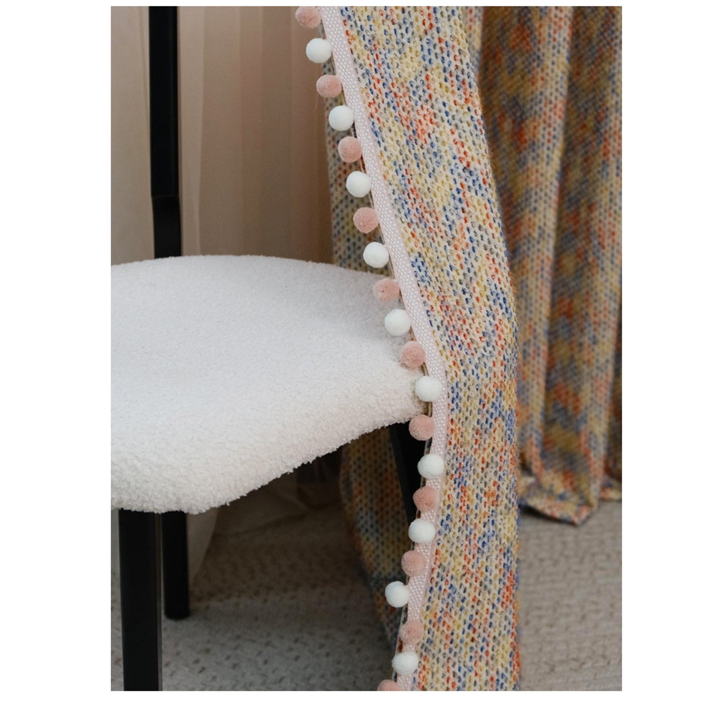 Boho Multicolor Tweed Drapery Curtains with Pom Pom Trim