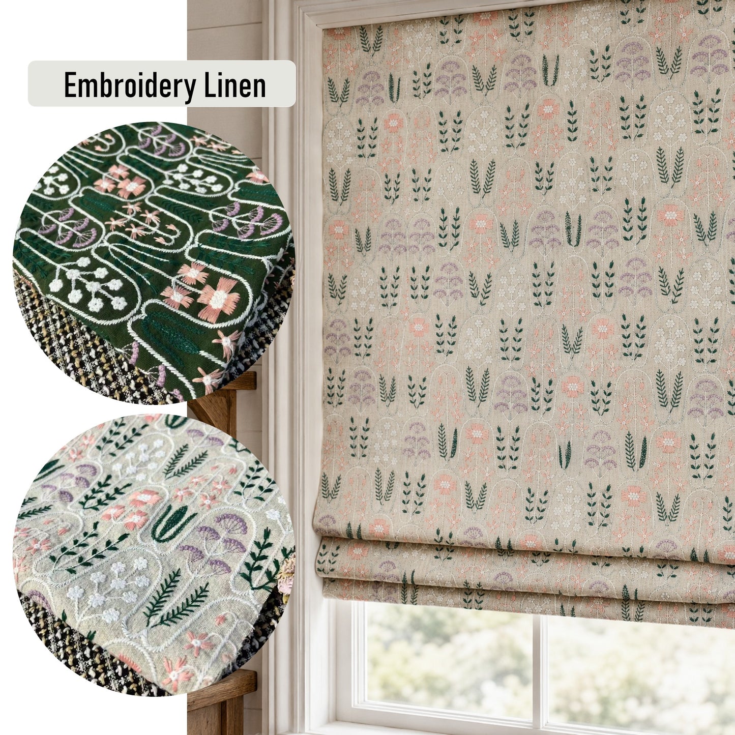 Botanical Sketch Embroidery Linen Window Roman Shade