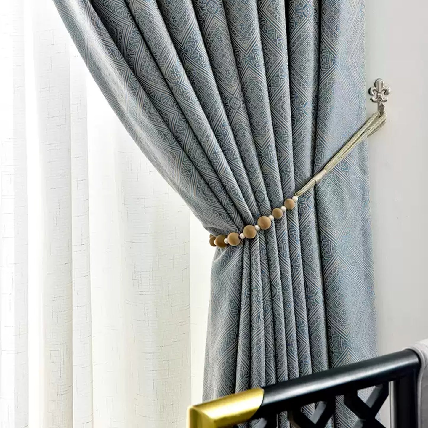 Bohemian Blue Geometric Ikat Window Curtains Drapery