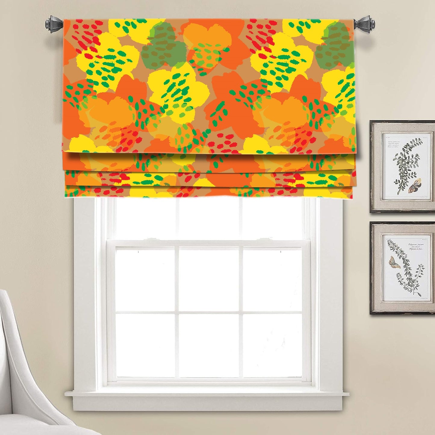 Colorful Yellow Orange Green Botanical Linen Faux Roman Shade Valance