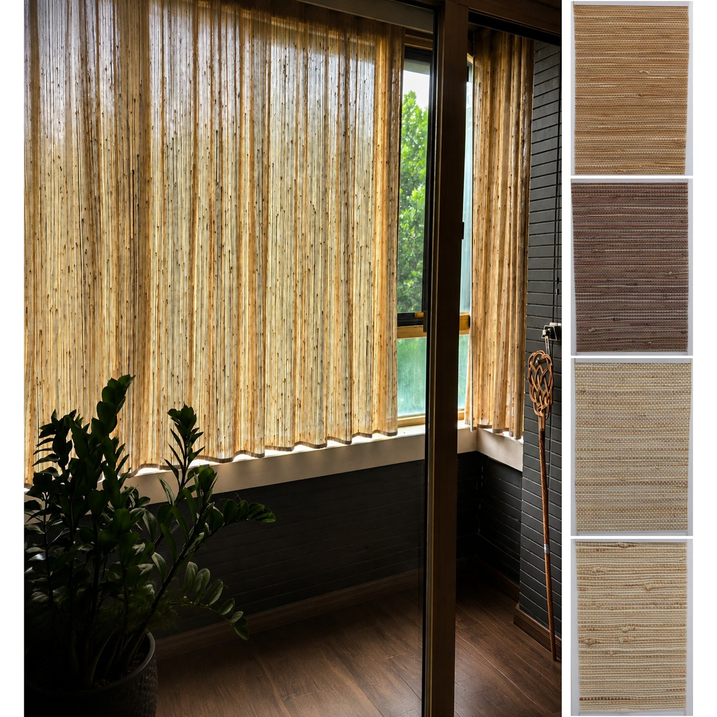 Natural Woven Fiber Curtain Rustic Light Filtering Indoor Outdoor Drapes - Curtain Track Hooks Pre-Attached
