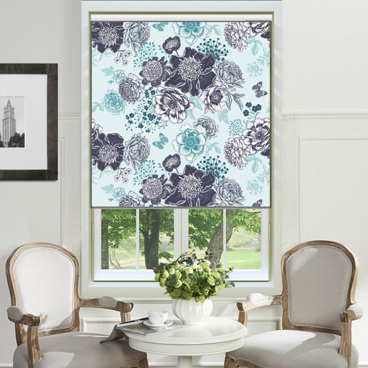 Blue Flora Print Window Roller Shade