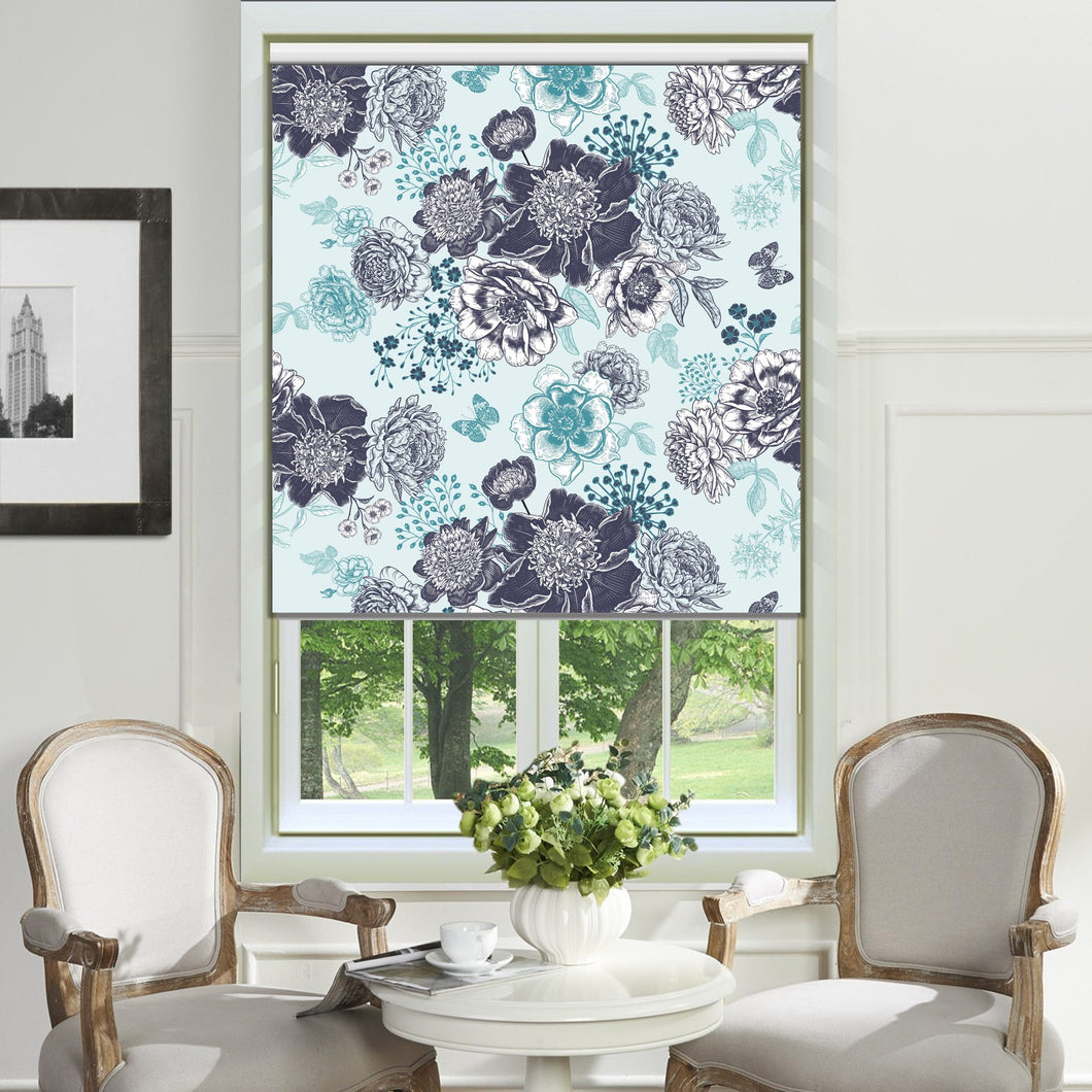 Blue Flora Print Window Roller Shade