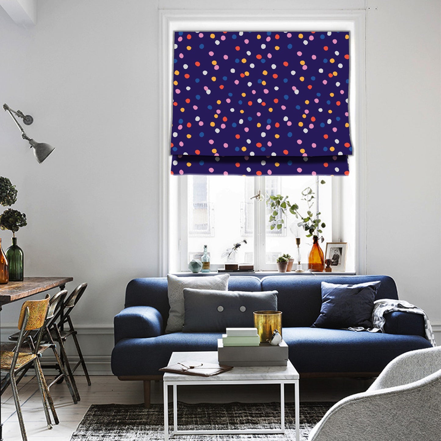 Organic Polka Dot in Navy Blue Window Roman Shade