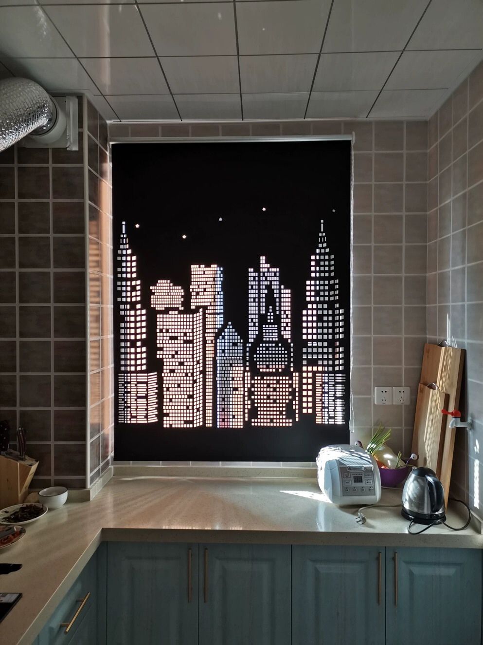 City Skycraper Embossing Cut Cutout Sparkle Window Roller Blinds Shades Curtains