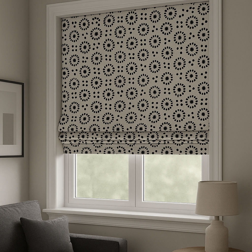 Geometric Minimal Bloom Black & White Pattern Window Roman Shade