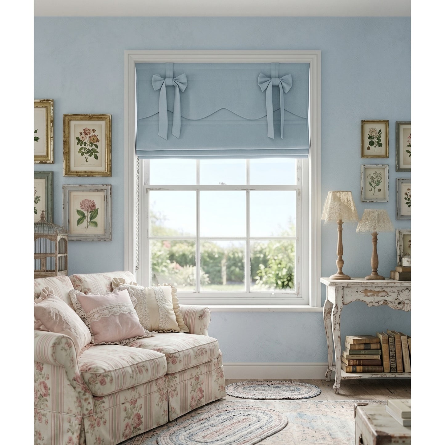 Blue Linen Ribbon Bows Valance Window Roman Shade