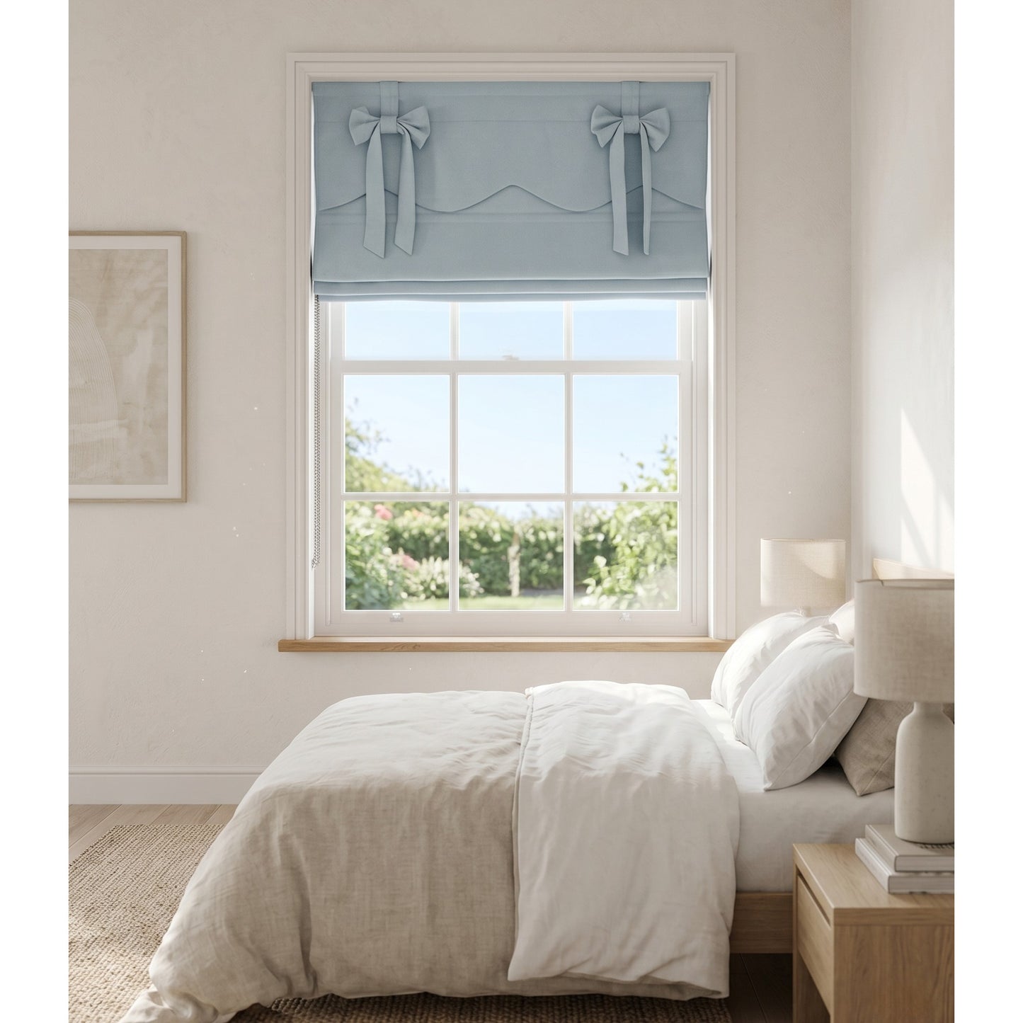 Blue Linen Ribbon Bows Valance Window Roman Shade
