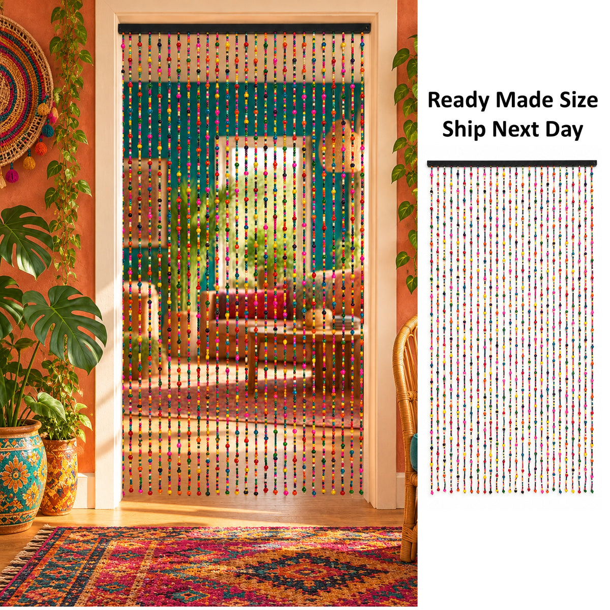 52" W x 16ft H: Colorful Bohemian Wood Bead Curtain Room Divider & Wall Décor
