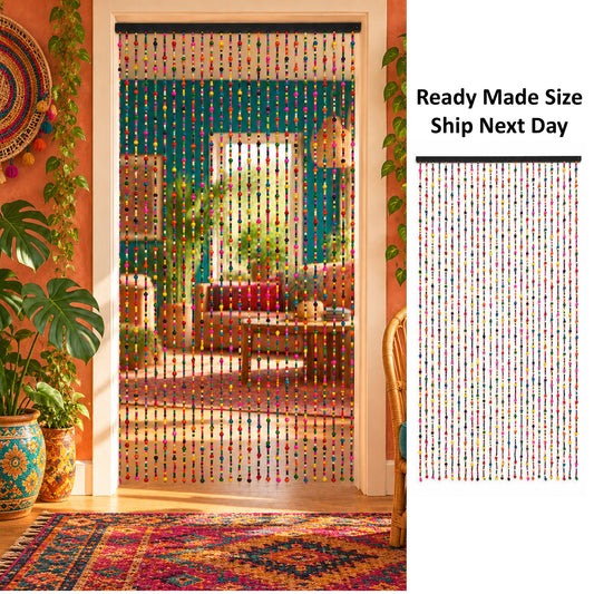 52" W x 16ft H: Colorful Bohemian Wood Bead Curtain Room Divider & Wall Décor