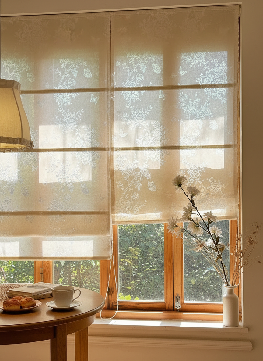 Sheer Botanical Butterfly Light Filtering Transparent Window Roman Shade