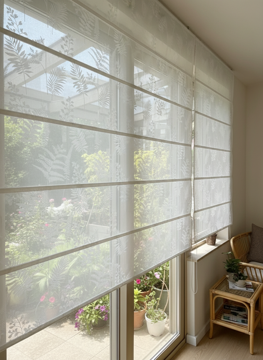 Sheer Botanical Leaf Pattern Light Filtering Transparent Window Roman Shade