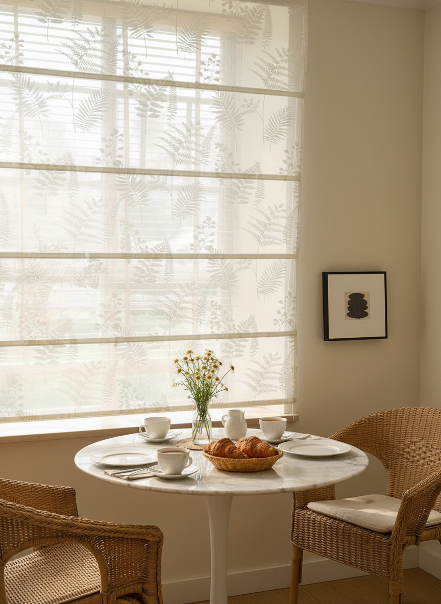 Sheer Botanical Leaf Pattern Light Filtering Transparent Window Roman Shade