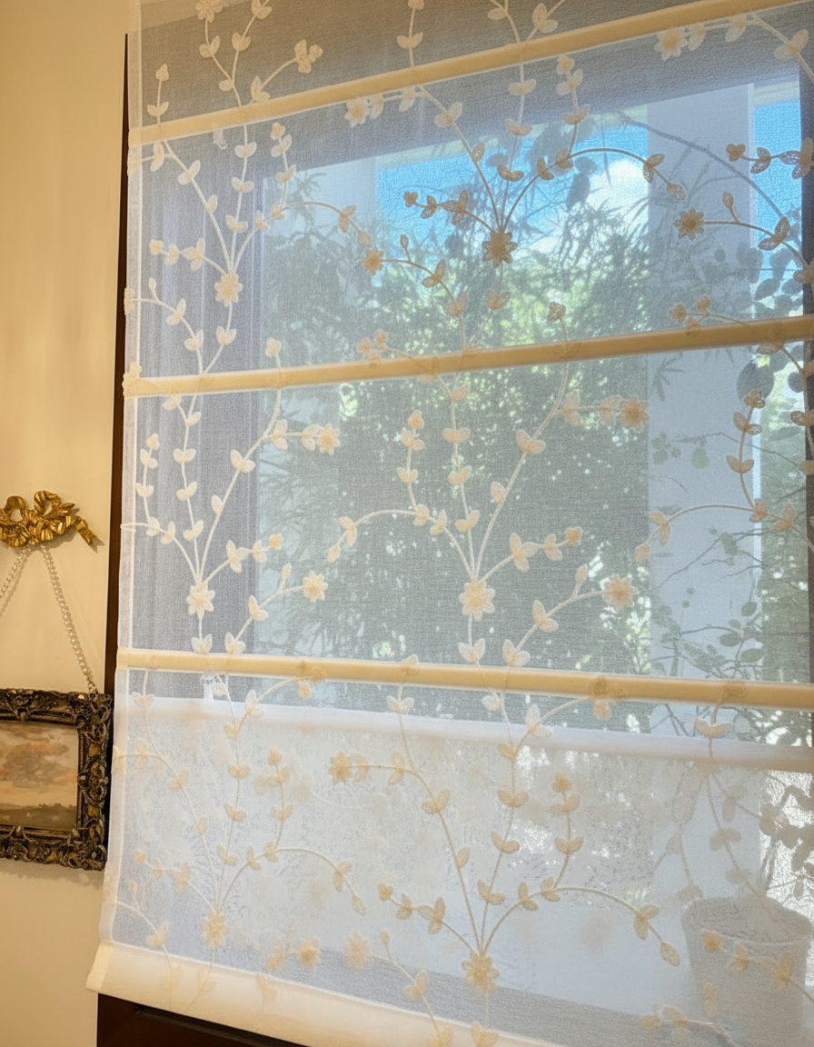 Sheer Daisy Blossom Embroidered Flora Transparent Window Roman Shade