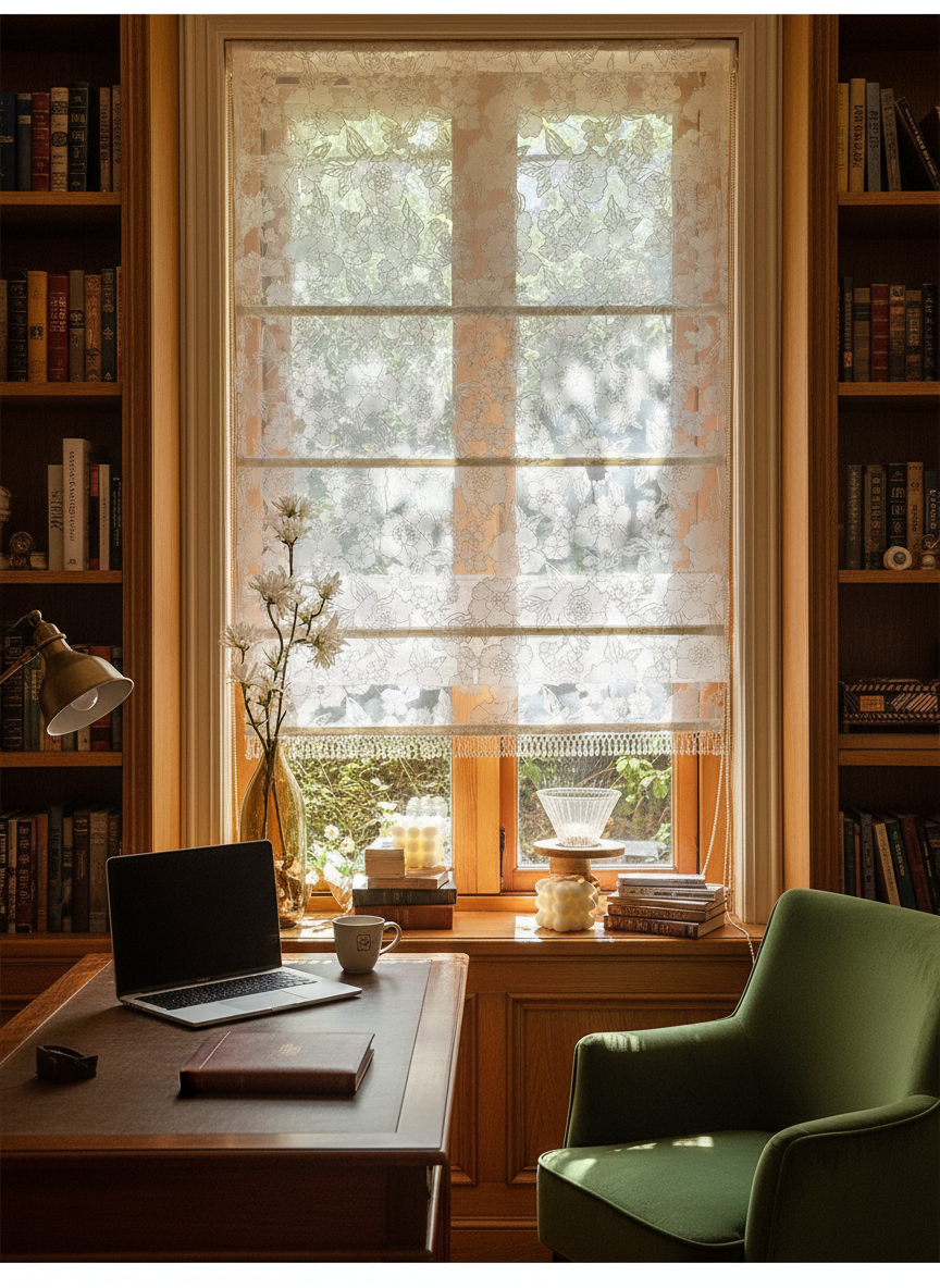 Sheer Vintage Floral Roman Shade with or without Fringe Trim – See Through Window Blind