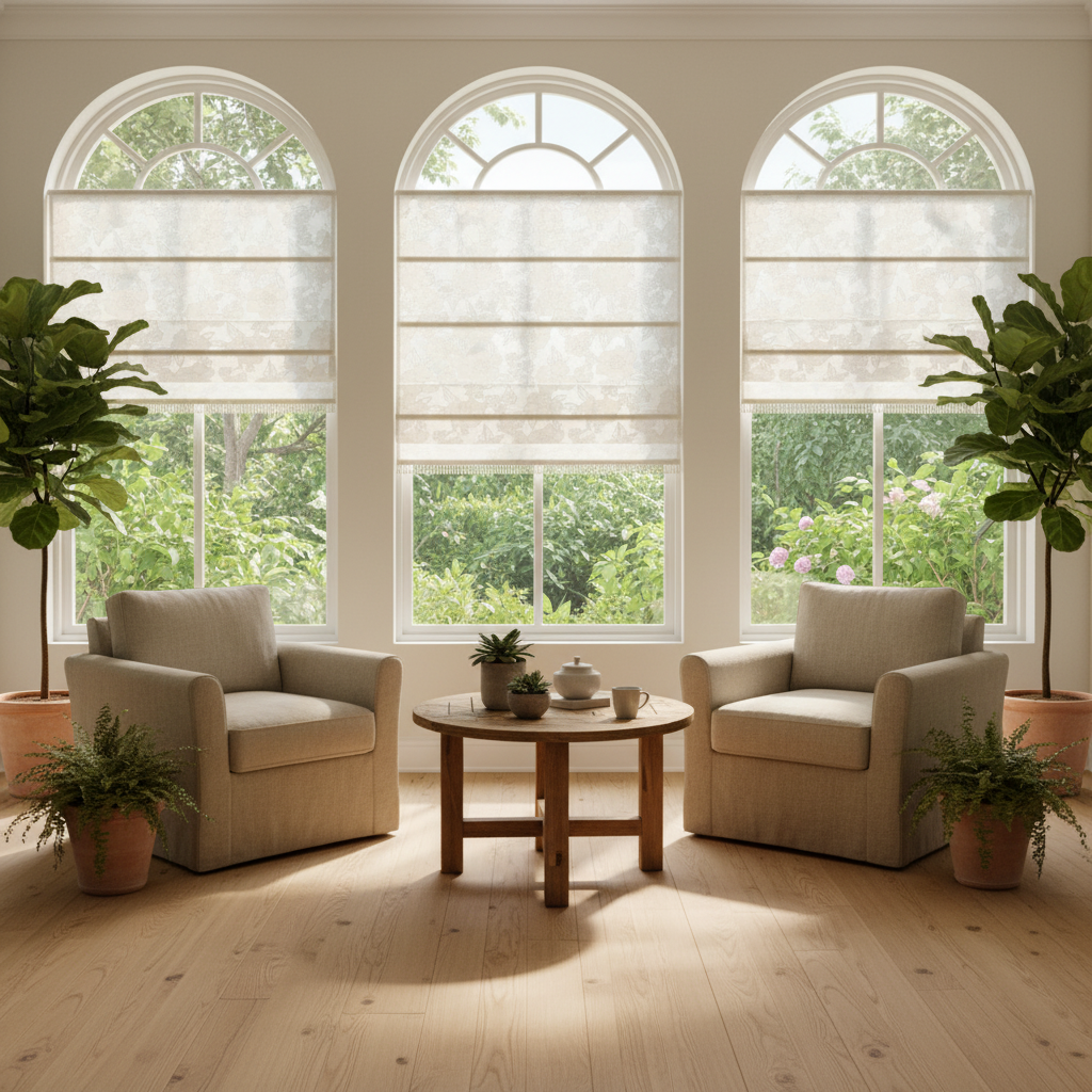 Sheer Vintage Floral Roman Shade with or without Fringe Trim – See Through Window Blind
