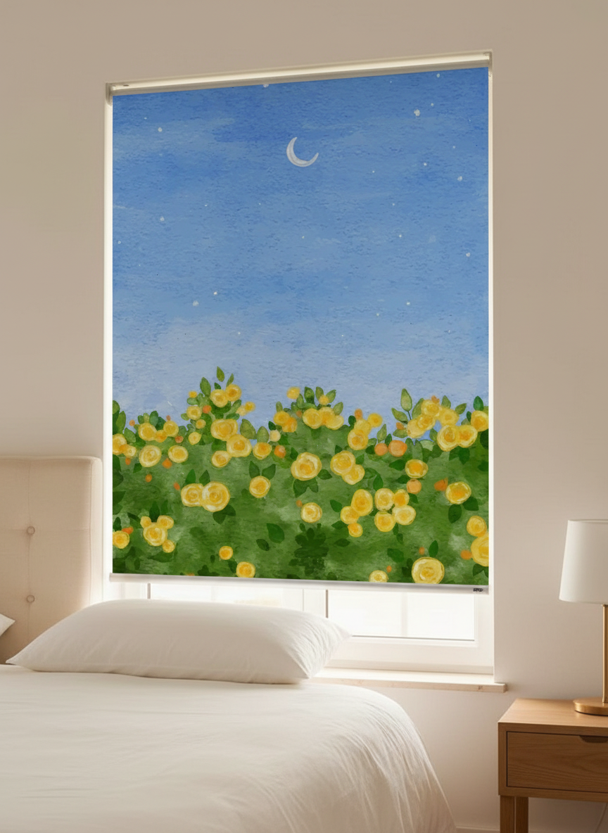 Crescent Over Yellow Blooms Window Roller Shade