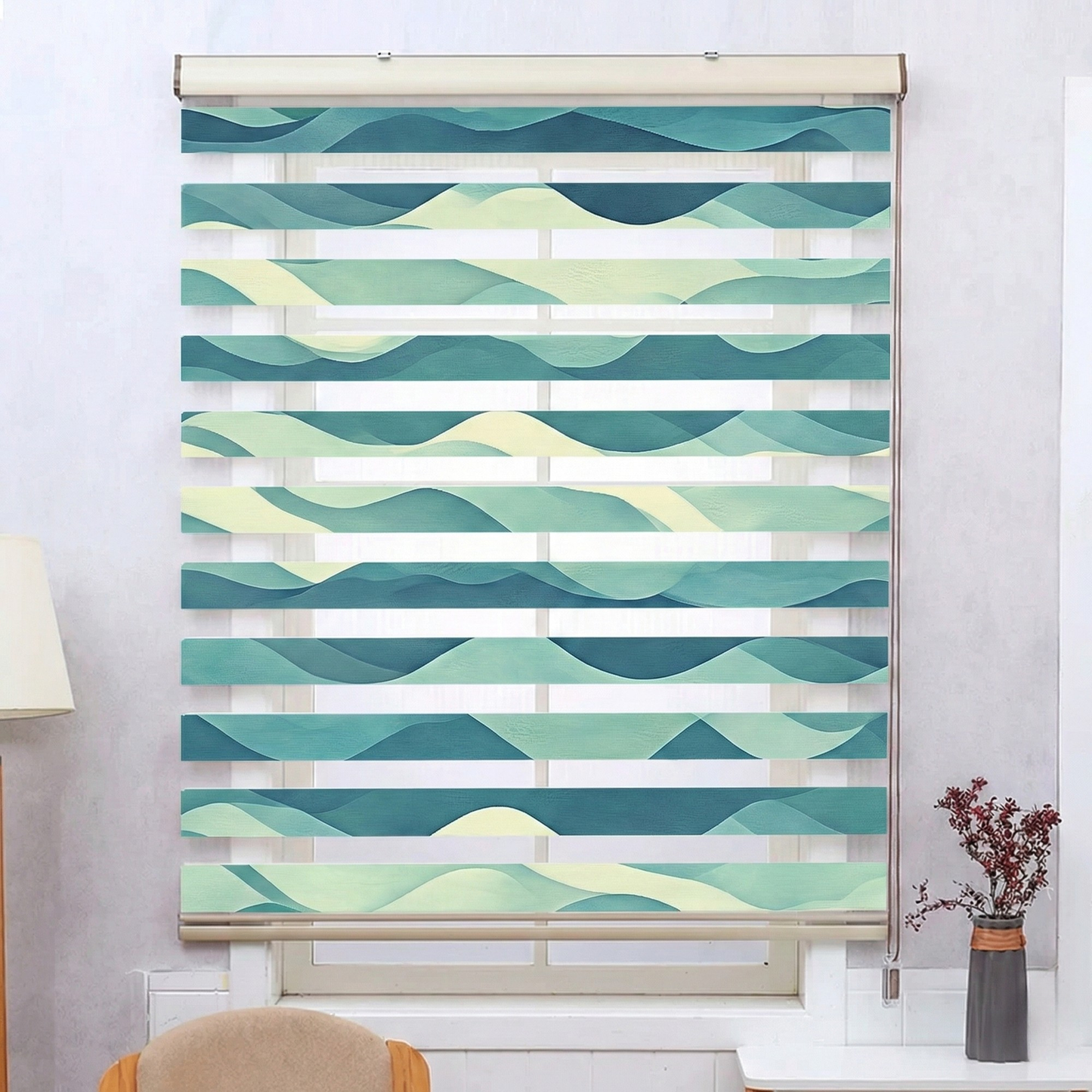 Abstract Wave Dual Layered Window Zebra Roller Shades with Valance