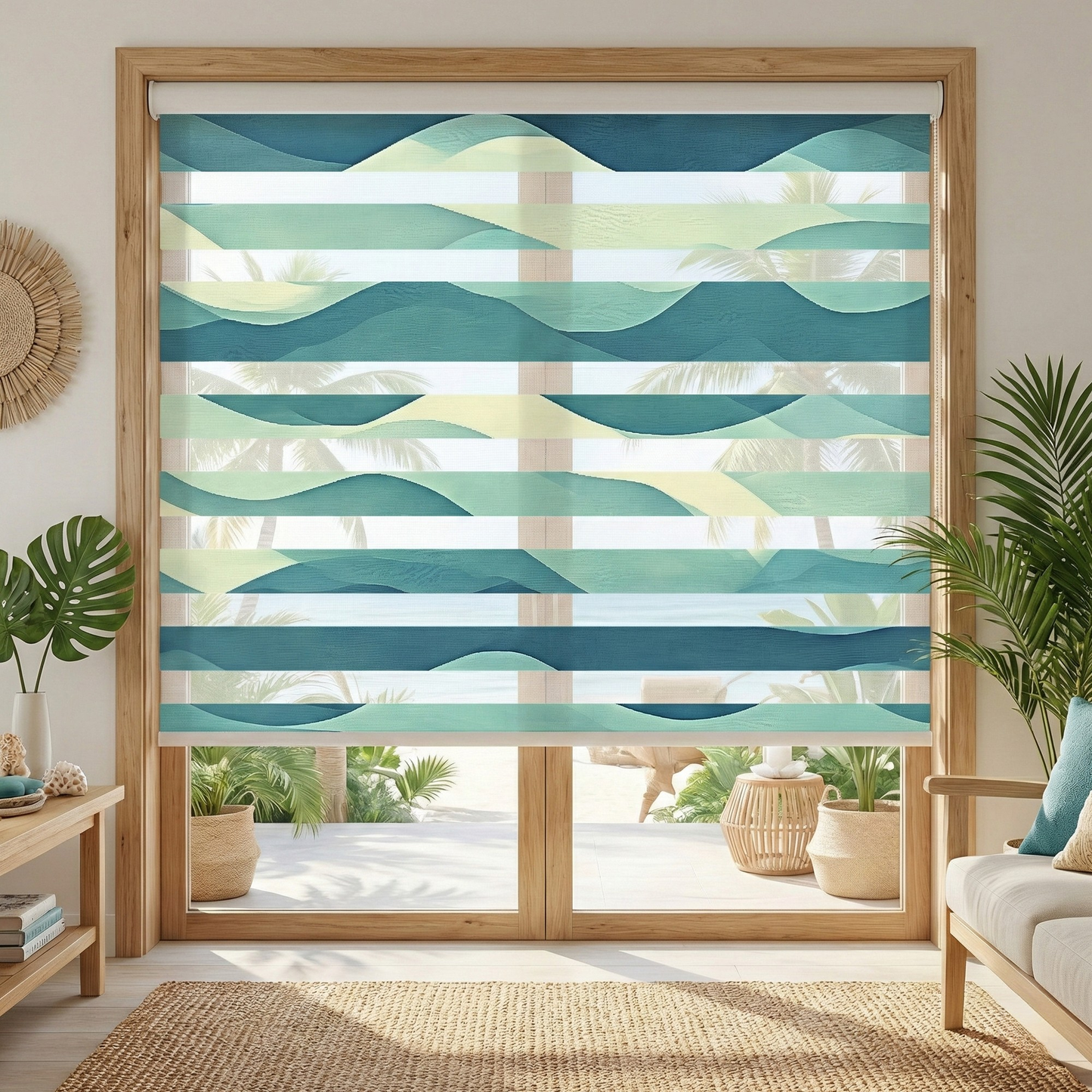 Abstract Wave Dual Layered Window Zebra Roller Shades with Valance