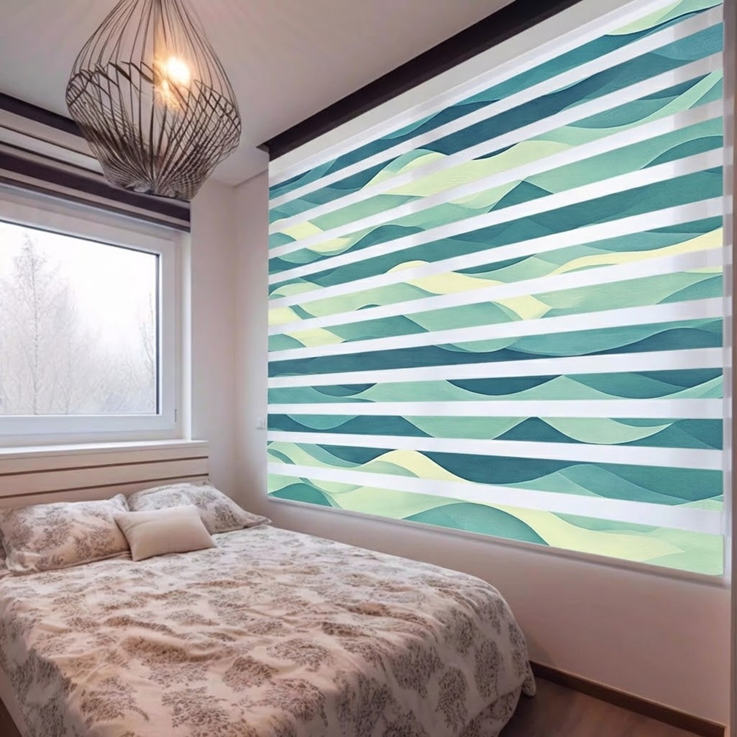 Abstract Wave Dual Layered Window Zebra Roller Shades with Valance