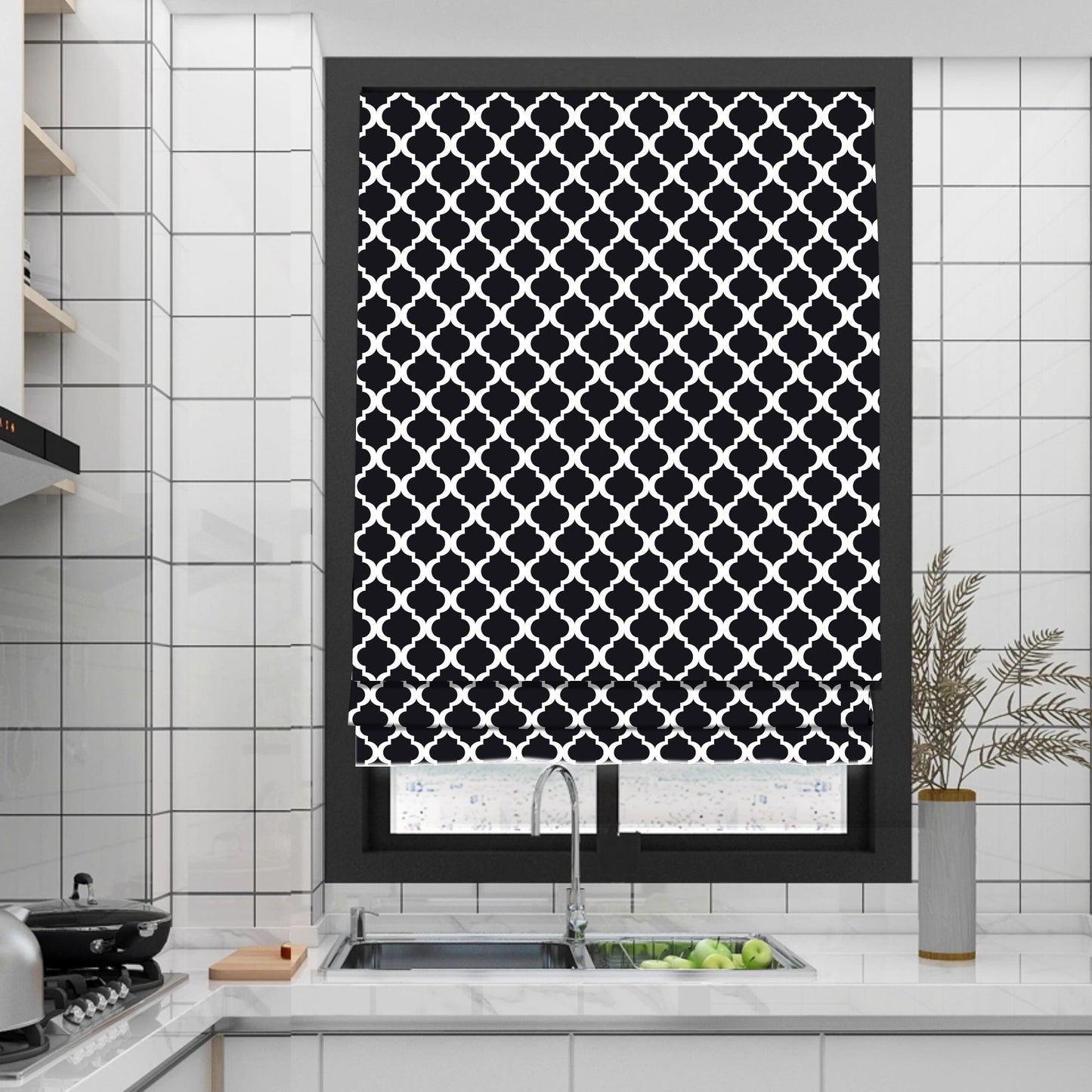 Monochrome Black and White Diamond Shapes Window Roman Shade