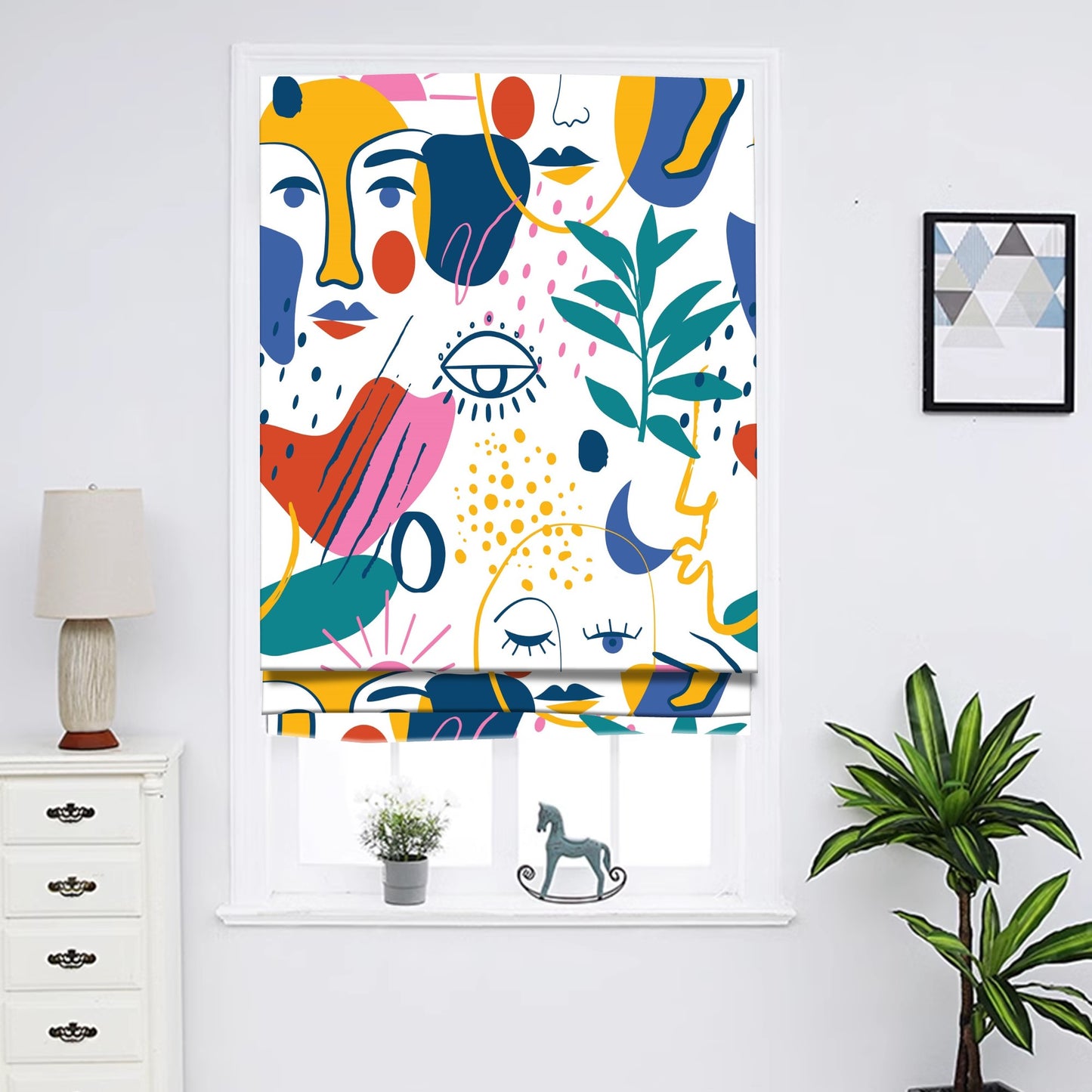 Colorful Maximalist Abstract Faces and Nature Window Roman Shade