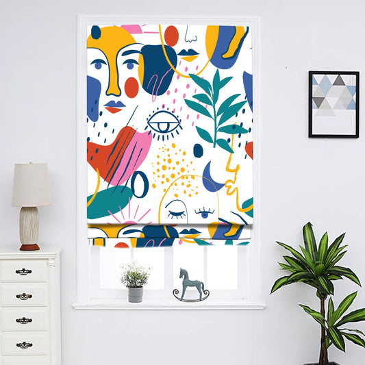 Colorful Maximalist Abstract Faces and Nature Window Roman Shade