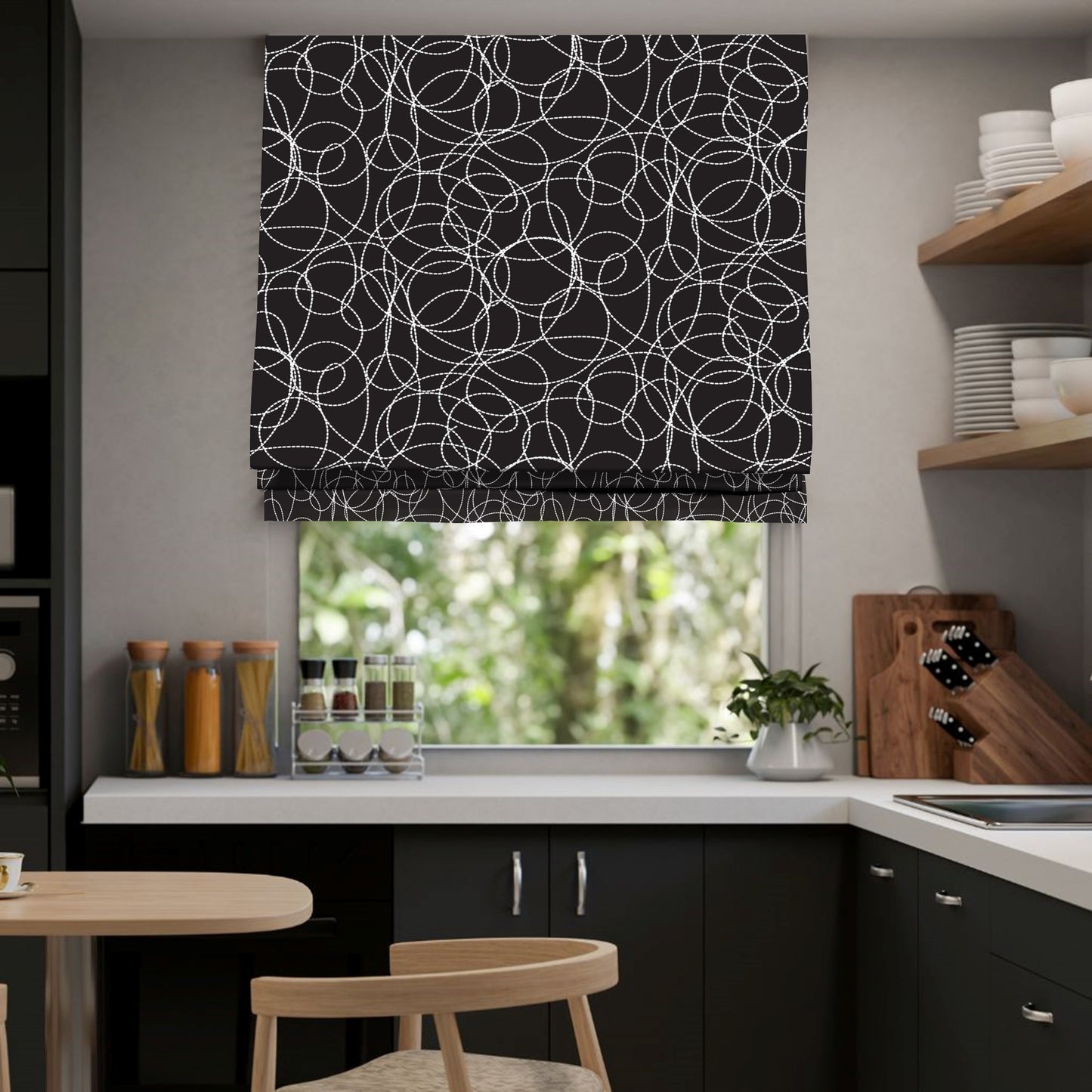 Black and White Modern Minimalist Cosmic Loops Window Roman Shade