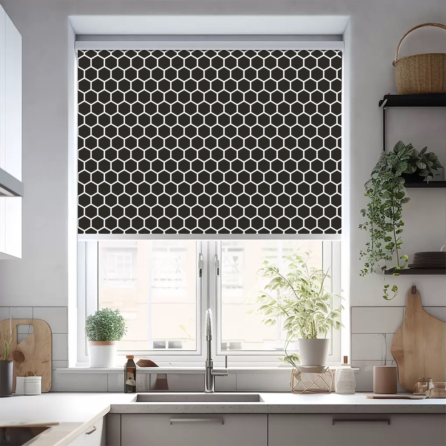 Modern Minimalist Black and White Hexagons Geometry Window Roller Shade