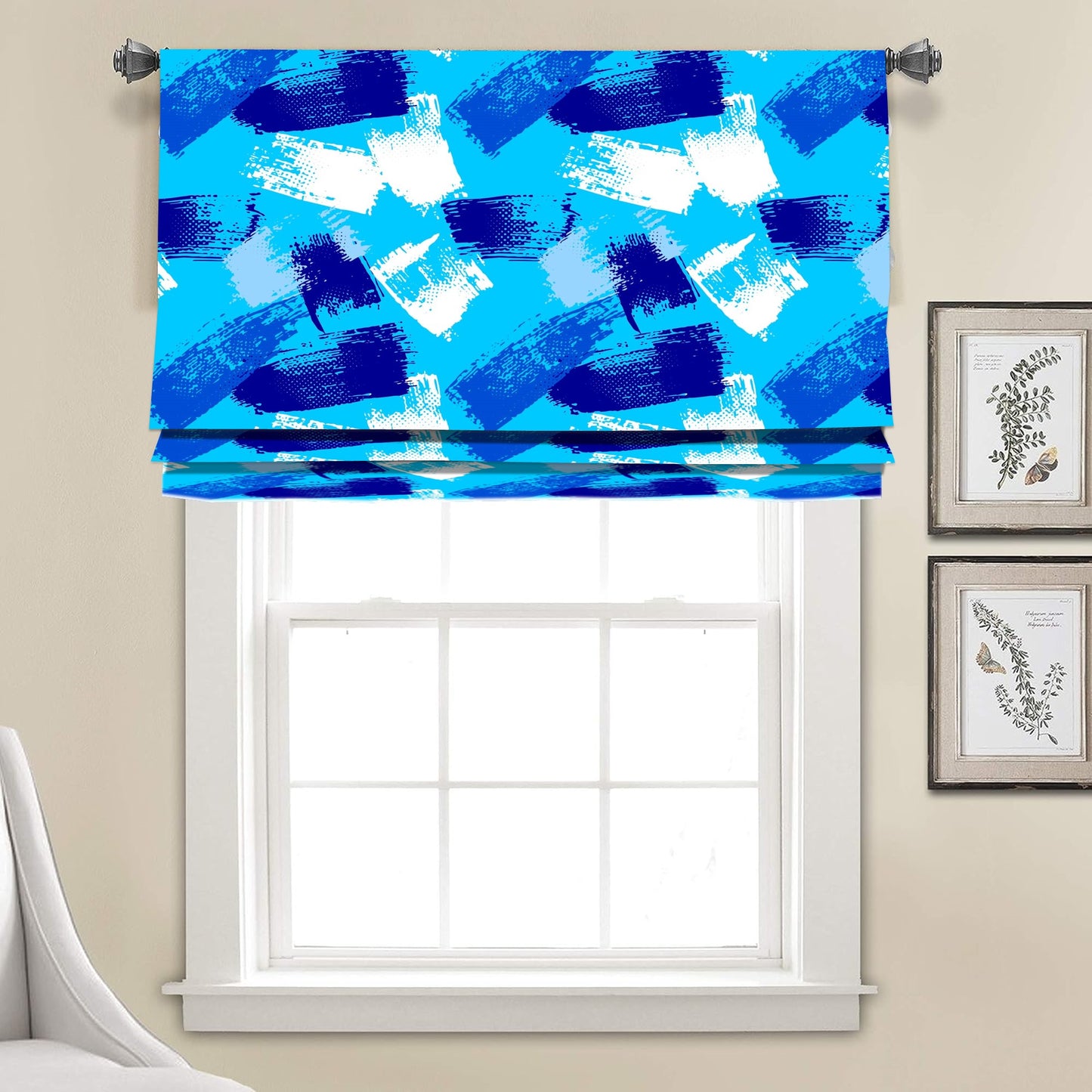 Blue Abstract Brush Paint Faux Roman Shade Valance