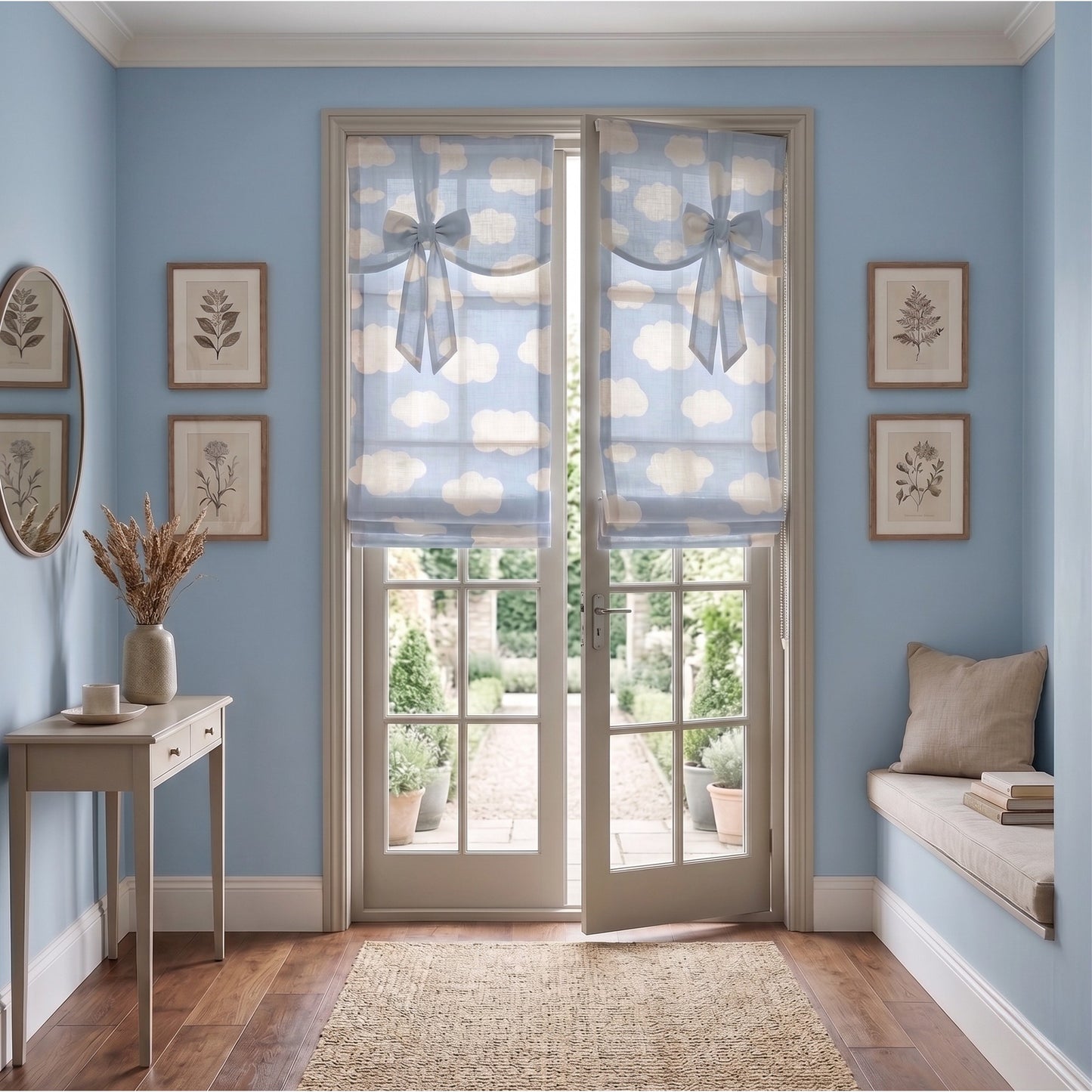 Dreamscape Blue Sky Clouds Ribbon Bows Valance Window Roman Shade