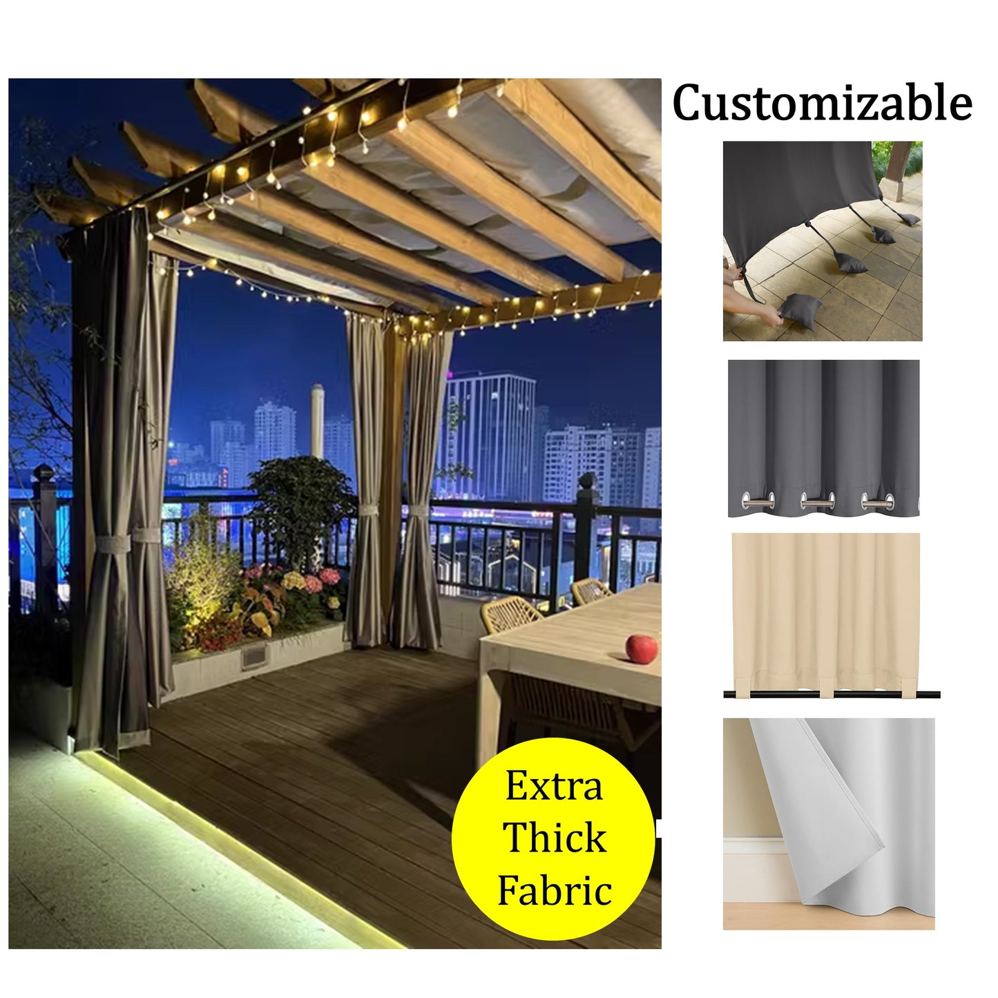 Heavy Duty Waterproof Outdoor Curtains for Patio, Pergola, Gazebo & Balcony (1300g/m & 600g/m)