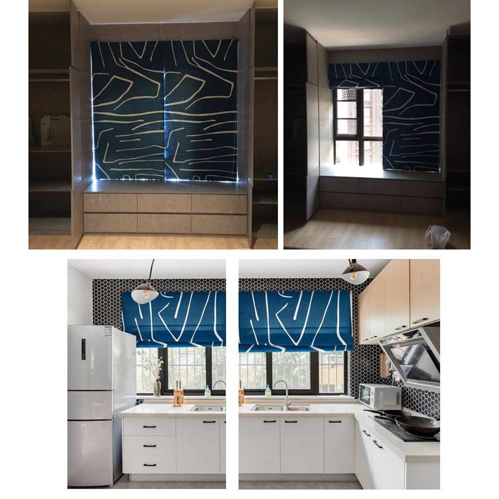 Contemporary Blue Abstract Line Pattern Linen Window Roman Shade