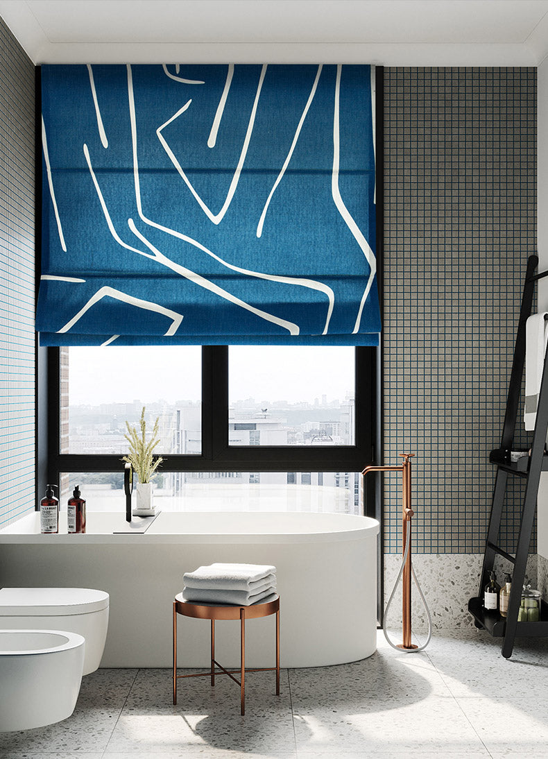 Contemporary Blue Abstract Line Pattern Linen Window Roman Shade