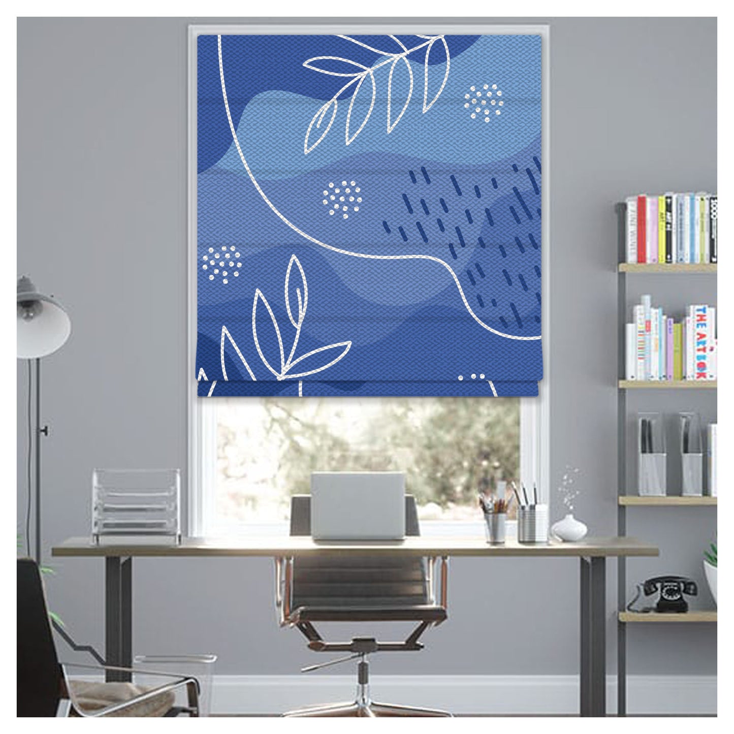 Abstract Organic Leaf Pattern Blue Print Window Roman Shade