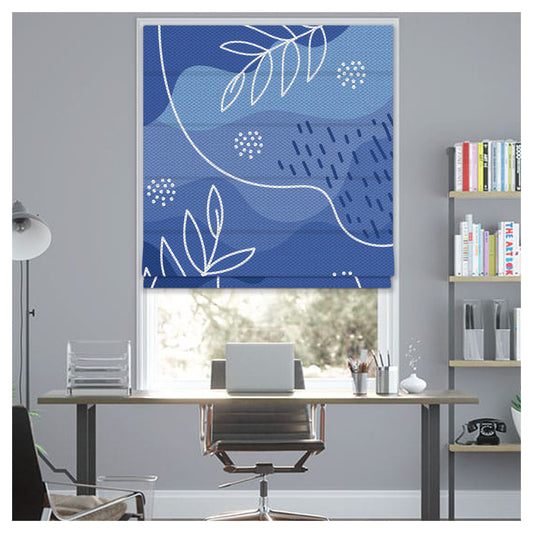 Abstract Organic Leaf Pattern Blue Print Window Roman Shade