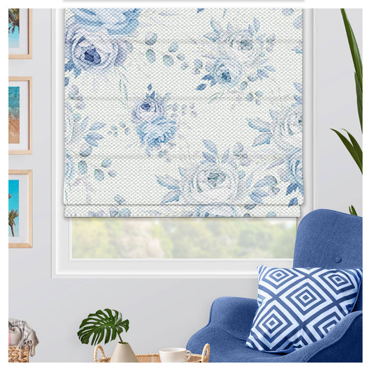 Classic Blue Roses Floral Seamless Pattern Print Window Roman Shade