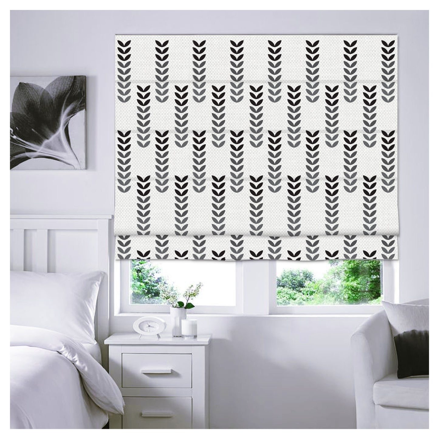 Black and White Scandinavian Leaf Window Roman Shade