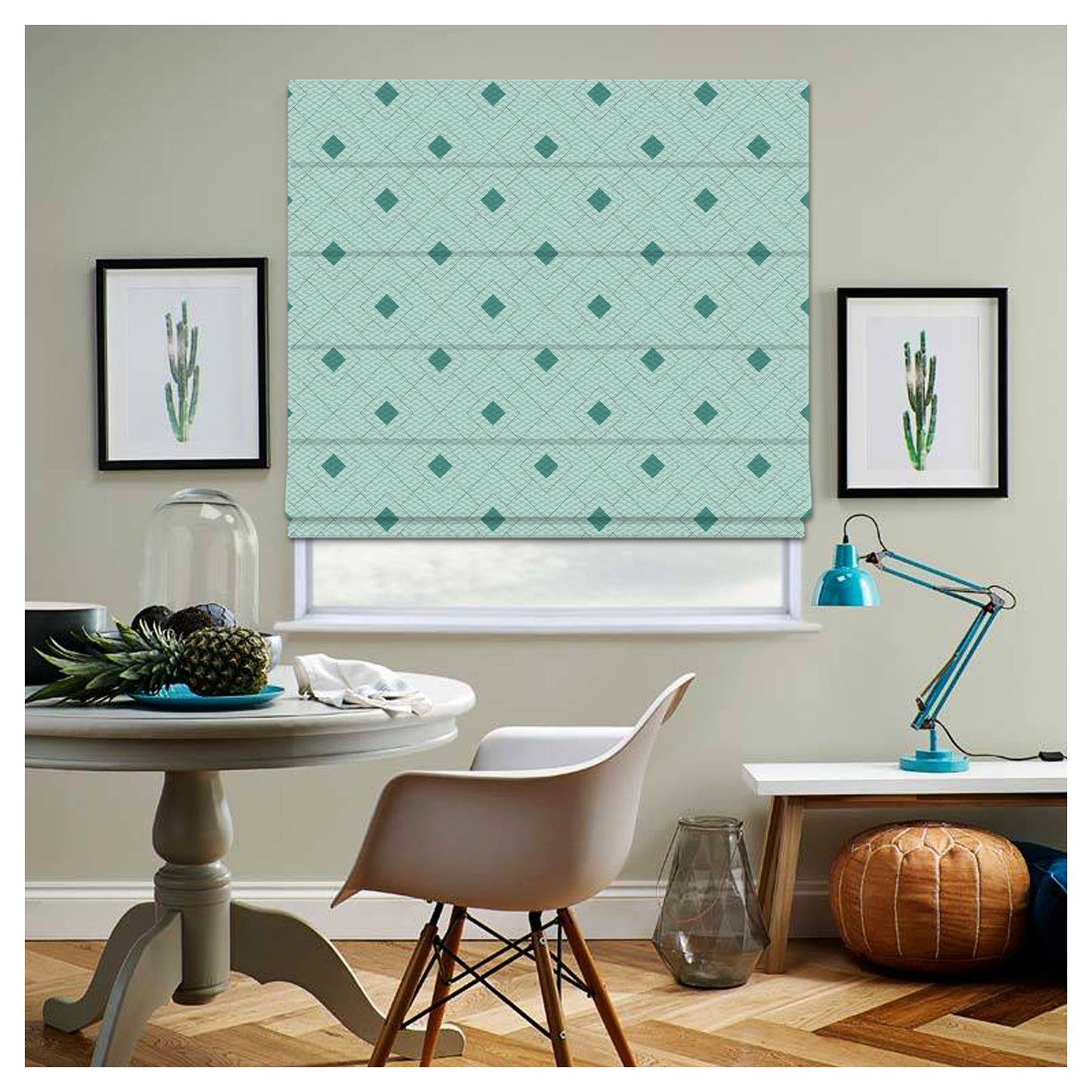 Mid Century Geometric Pattern Print Turquoise Window Roman Shade