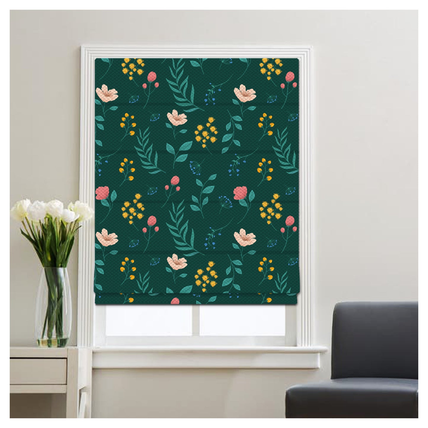 Flowers Leaves Pattern Print Window Roman Shade