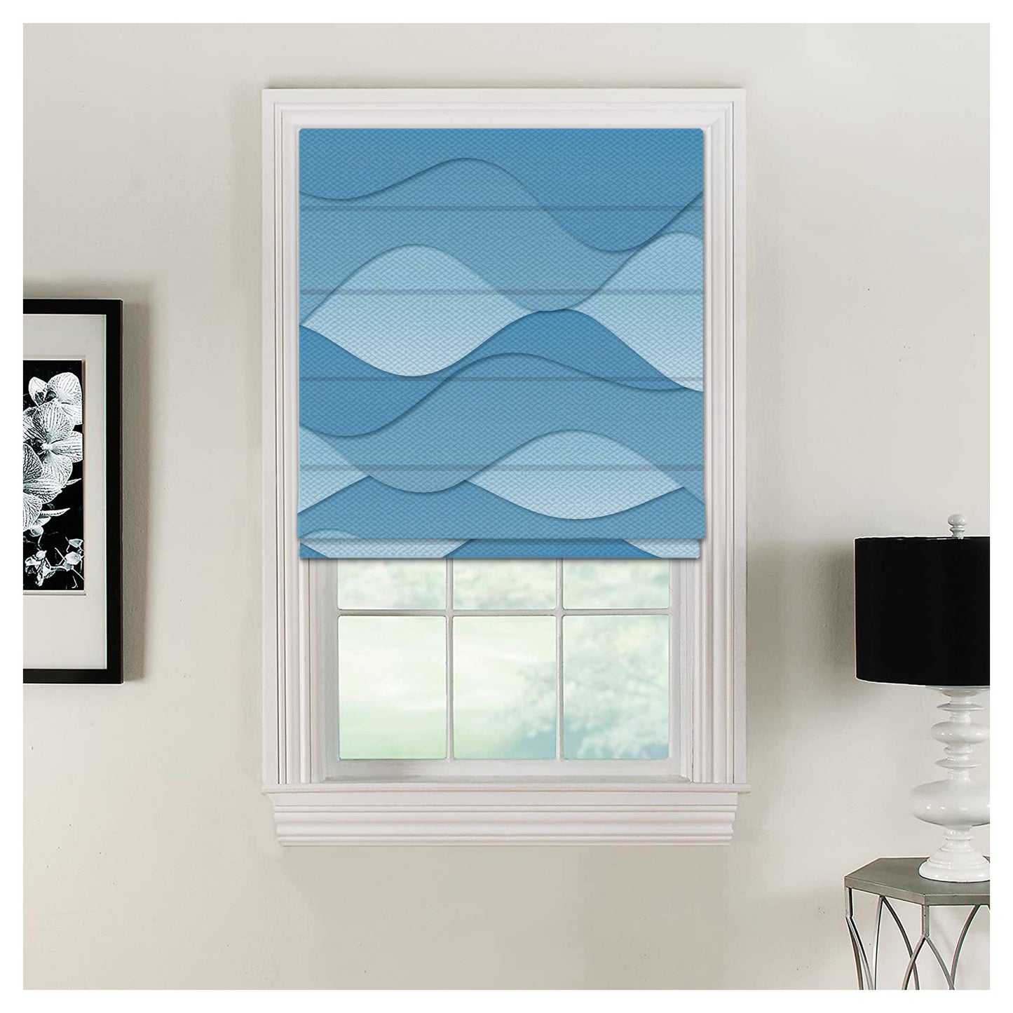 Paper Style Blue Shades Wavy Pattern Print Window Roman Shade