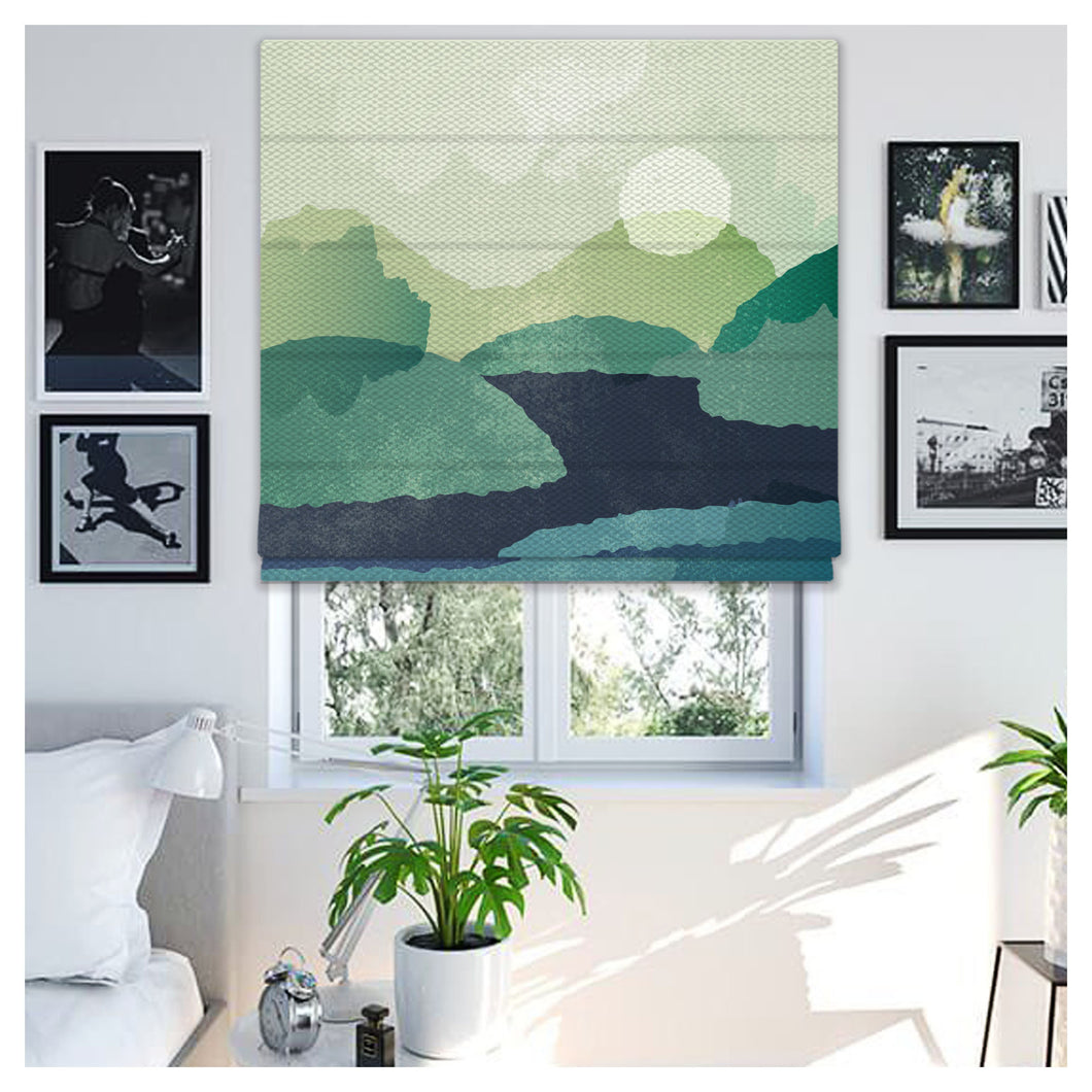 Watercolor Abstract Mountain and Lake Window Roman Shade