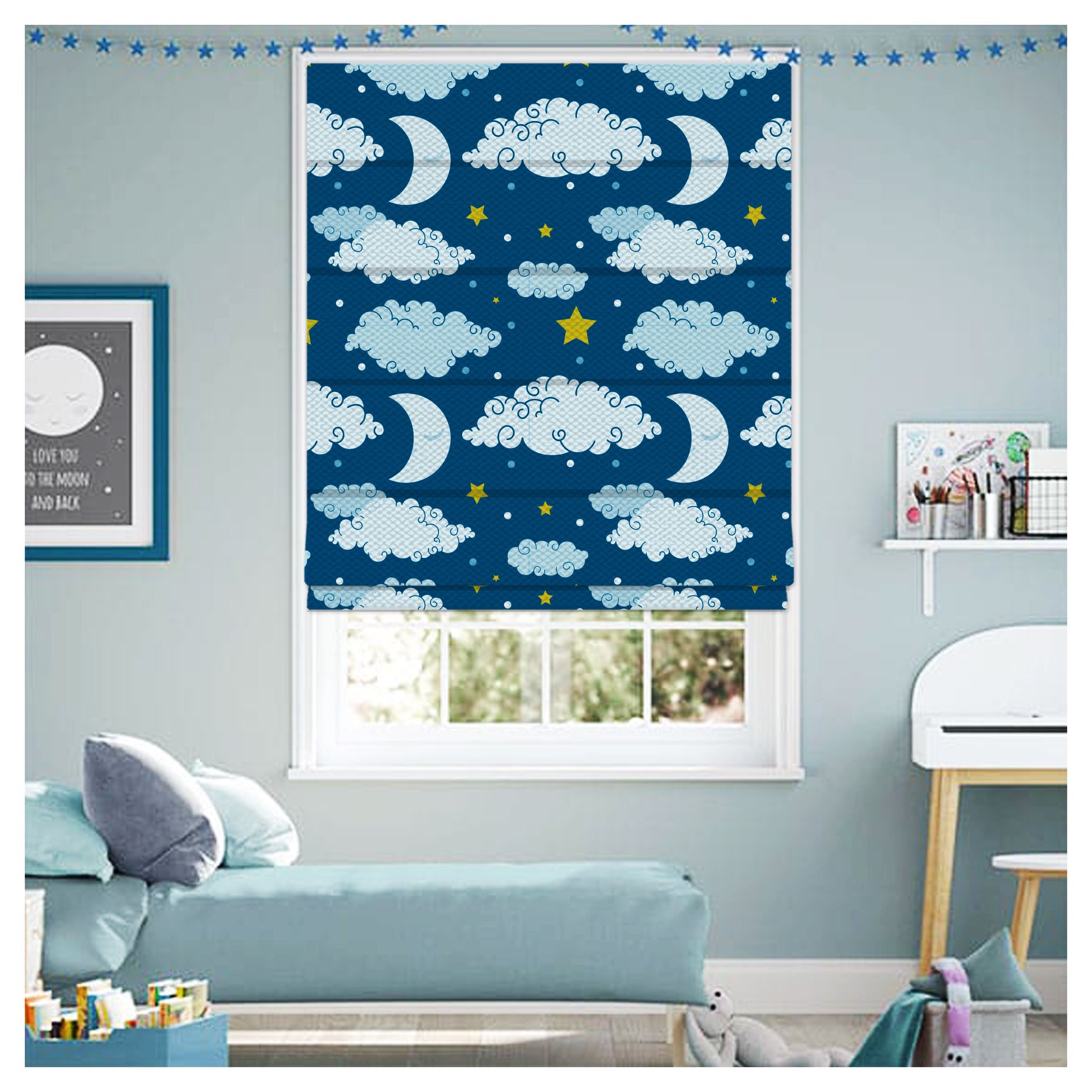 Nursery Good Night Clouds Window Roman Shade – Art Shades