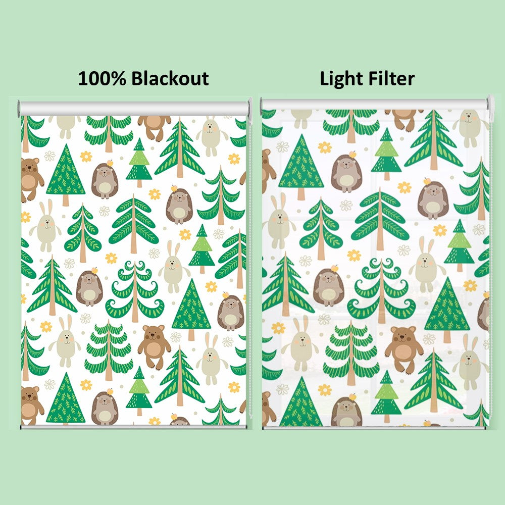 Pine Tree Forest Bear Bunny Hedgehog Window Roller Shade