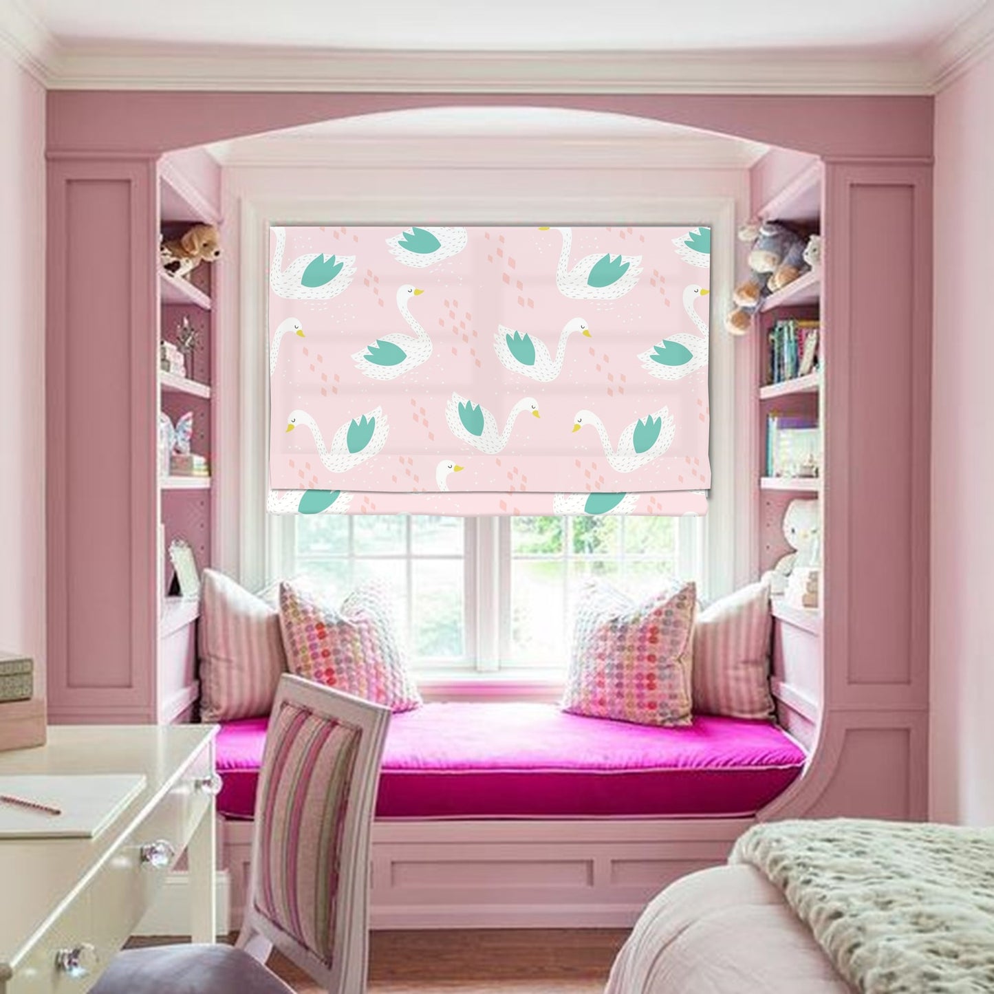 Pink Swam Nusery Window Roman Shade